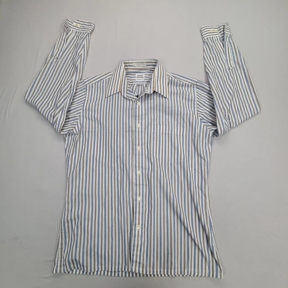 Camisa John Henry Para Hombres 15.5 Beige Azul Rayas Abotonada Calce Atlético Informal Cómoda Foto 1 de 4