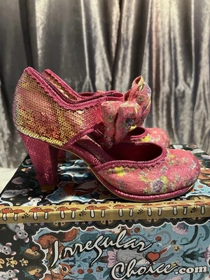 Irregular Choice Vintage Size 5 Pink Floral& Sequin Heels With Bows - Image 1 of 4