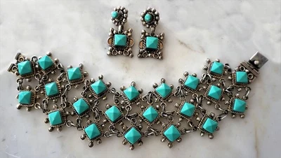 LARGE TAXCO Sterling Silver Turquoise Bracelet and Earrings Set 126gr VINTAGE - Image 1 of 3
