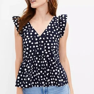 Top Ann Taylor LOFT Talla Grande Lunares Flutter Peplum Azul Marino Blanco - Imagen 1 de 6