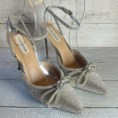 Steve Madden Heels Womens 10 Silver Rhinestone Strappy Bow Bling Stiletto Pumps - Image 1 of 4