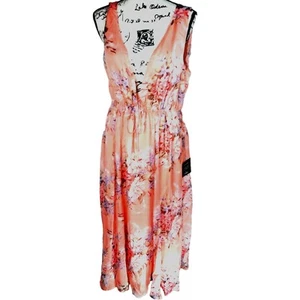 Lulus Floral Plunging V Open Back Midi Dress XL Tangerine Fairycore Coquette New - Picture 1 of 23