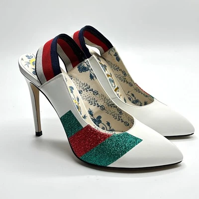 Gucci Sylvie Heels Size 36 White Web Slingback Pumps Pointed Toe Preppy Coquette - Image 1 of 4