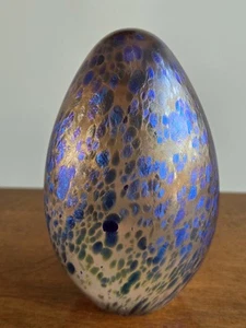 Orient & Flume Iridescent Art Glass Egg Paperweight Gold w Blue Speckles G.G. - Picture 1 of 15