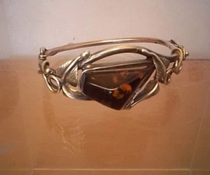 Vintage Jugendstil Bernstein & Silber Metall Armband, Armreif - Bild 1 von 12