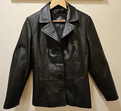 Women's LRG Black Leather Blazer KC Collection 4 Button Front, Side Seam Pockets - Image 1 of 4