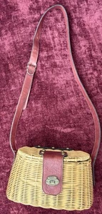 Vtg Etienne Aigner Wicker Fishing Creel Basket Purse Red Leather Strap Clasp - Picture 1 of 10