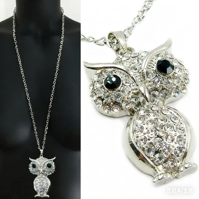 XXL Lange Halskette Pulloverkette mit Strass-Eule Anhänger Damen Collier 118 - Bild 1 von 2