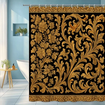 Lujosa cortina de ducha floral dorada sobre elegante fondo negro Foto 1 de 4