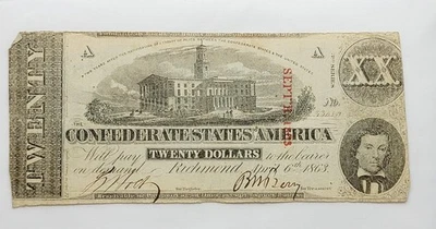 1863 $20 The Confederate States of America, Richmond, VA  No. 33050? - Image 1 of 4