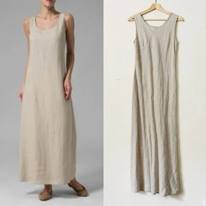 Vintage vtg MEDIUM 100% linen oatmeal sleeveless maxi dress - Picture 1 of 5