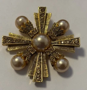 Splendido ciondolo spilla scintillante 2,5" largo costume tono oro perla - Foto 1 di 4