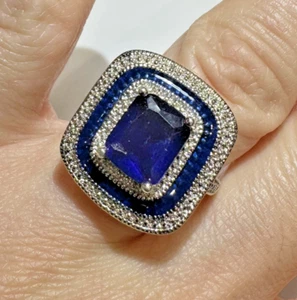 Zaffiro Blu Colore Vetro Cristallo Color Argento Smalto Misura 9 Anello - Foto 1 di 12