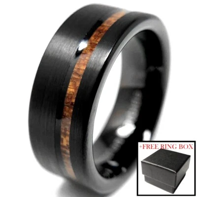 Alianza de boda anillo cepillado negro de carburo de tungsteno incrustación de madera de koa ajuste cómodo para hombres  Foto 1 de 4