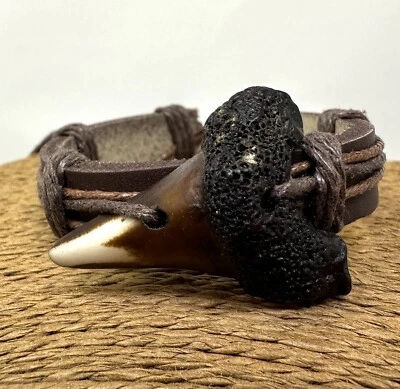 Resin Mako Shark Tooth Leather Bracelet Surfer Bracelet for Men | Brown Leather - Image 1 of 4