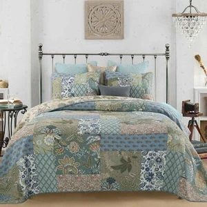 NEW ~ TROPICAL BLUE GREY TEAL AQUA BROWN GREEN COASTAL PALM LEAF BEACH QUILT SET - Picture 1 of 12