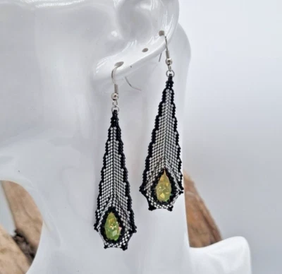 Ohrringe Schwarz Silber lang, Swarovski Element Unika Handarbeit Damen Schmuck - Bild 1 von 4