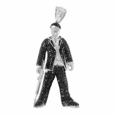 Hermoso colgante grande de 3" con pistola de circonita cúbica blanca y negra de plata argentina 935 sólida para hombre Foto 1 de 4