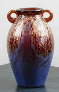 Double handled, ruby with gold highlights and purple accent, art glass vase - Picture 1 of 12