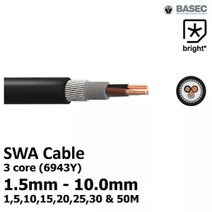 SWA Steel Wire 3 Core Armoured Cable 1.5, 2.5, 4.0, 6.0 10mm Outdoor 6943X - Picture 1 of 1