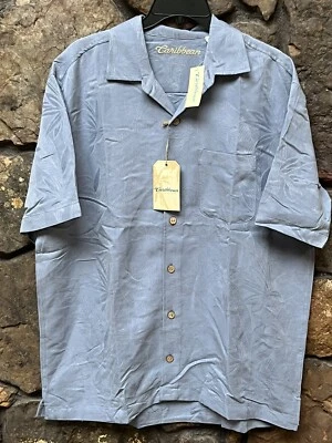 Caribbean Leaf Textured S/S Hawaiian Camp Shirt M,L,XL Gray Indigo NWT ST5WC320 - Image 1 of 3