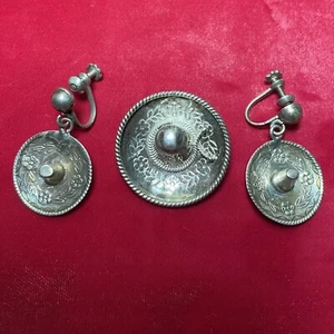 Vintage Sterling Silver Mexican Sombrero Hat Brooch Pin Pendant & Earrings Aztec - Picture 1 of 8