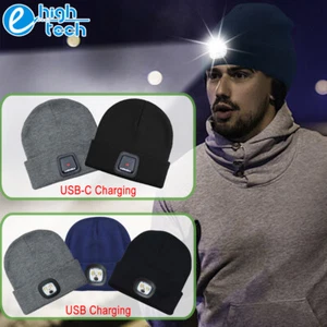 Unisex LED Beanie Hat USB & USB-C Rechargeable Warm Winter Headlamp Knitted Cap - Picture 1 of 22