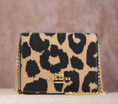 Coach CX151 Mini Wallet on Chain Leopard Print Canvas Crossbody Org Pkg - Image 1 of 4