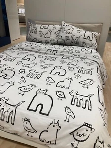 Ikea PURPURBRACKA Full Queen Duvet Cover & 2 pillowcases White Animal Cat Dog - Picture 1 of 7