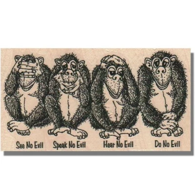 Sello de goma montado, 4 MONOS SABIOS, sello de animales, manos, no ver el mal, animales, 3 Foto 1 de 3