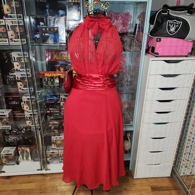 NWT Y2K Connected Red Halter Dress With Sheer Overlay Satin Ruched Waist Size 12 - Image 1 of 4