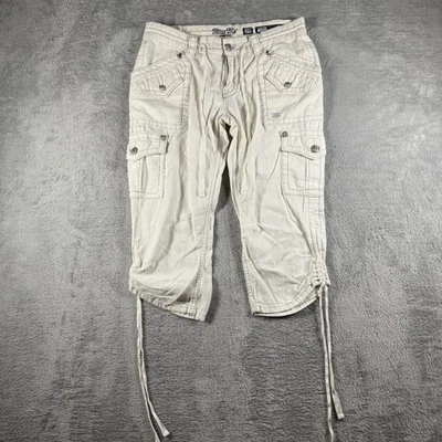 Pantalones para mujer Miss Me 29 cargo capri blanco mezcla de lino bordado estrás Y2K Foto 1 de 4