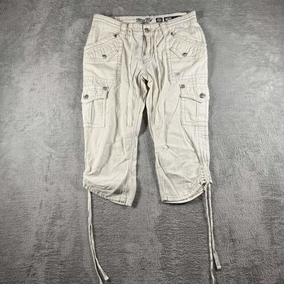 Miss Me Pants Womens 29 Cargo Capri White Linen Blend Embroidered Rhinestone Y2K - Image 1 of 4