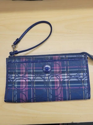 Coach Tartan клетку холст лакированная кожа синий молнии верхний бумажник кошелек с ремешком застежки - Изображение 1 из 4