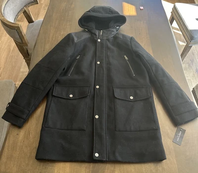 Chaqueta Abrigo Kenneth Cole Para Hombre Negra Cremallera Completa Mixta Medios con Capucha Talla Mediana NUEVA Foto 1 de 4