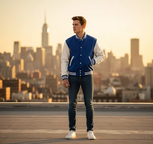 Mens College Baseball Varsity Letterman Blue White Bomber Wool PU Leather Jacket - Picture 1 of 6