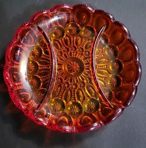 LE Smith Amberina Moon & Stars Divided Dish Plate Relish Candy Glows Vintage - Picture 1 of 8