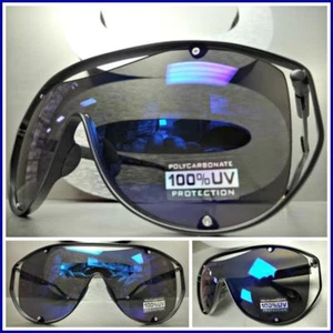 Oversized RETRO Shield Style Party Club Rave DJ SUNGLASSES Black Frame Blue Lens - Picture 1 of 7