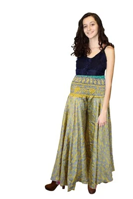 Handcrafted Boho Palazzo Pants in Gray & Yellow with Whimsical Floral Prints SM Foto 1 de 4
