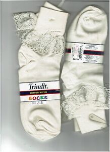 2 Pairs - Trimfit Girls Lace-Trim Cuffed Ankle Socks ,Ivory, Sock Size 8-91/2 e