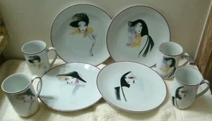 Set of 8 Shafford Fine Porcelain La Femme Plate & Tall Mug Hand Painted Japan - Picture 1 of 12