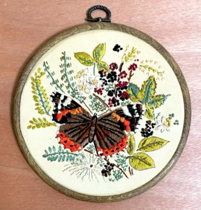 Vintage Embroidery Needlepoint Round Picture - Butterfly & Flowers - Picture 1 of 4