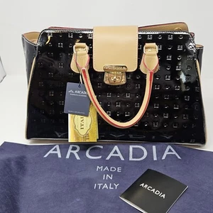 NWT ARCADIA BLACK & TAN PATENT LEATHER SHOULDER  SATCHEL BAG ~ GENUINE LEATHER - Picture 1 of 17