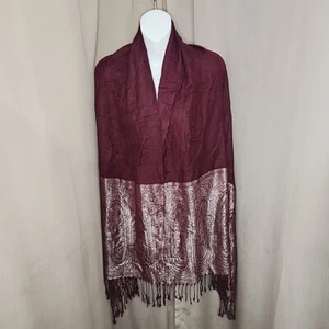 Scarf Shawl Women’s Pashmina Burgundy Paisley Gold Embellished Fringed Vintage - Picture 1 of 10
