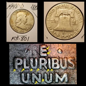 SET BREAK FS-801 DDR 1948-D SILVER BENJAMIN FRANKLIN HALF DOLLAR 90% SILVER! - Picture 1 of 4
