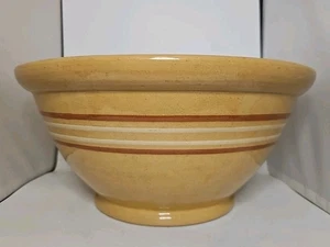19th Century Large Yellow Ware Dough Bowl Brown & White Mocha Stripes 14" x 7" - Picture 1 of 15