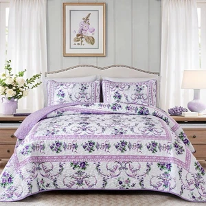 Purple Queen Quilt Set, 3 Pieces Floral Pattern Quilts Bedspread with 2 Pillo... - Picture 1 of 8
