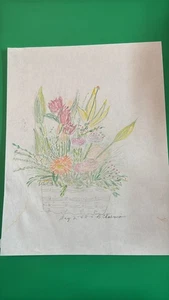 Original B. Chamion Flower Basket Drawing, Pencil Art, 14x11, Unframed - Picture 1 of 7