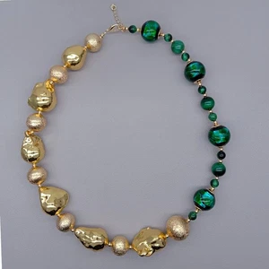 Green Tiger Eye Murano Glass Golden Freshwater Baroque Pearl Asymmetric Necklace - Picture 1 of 5