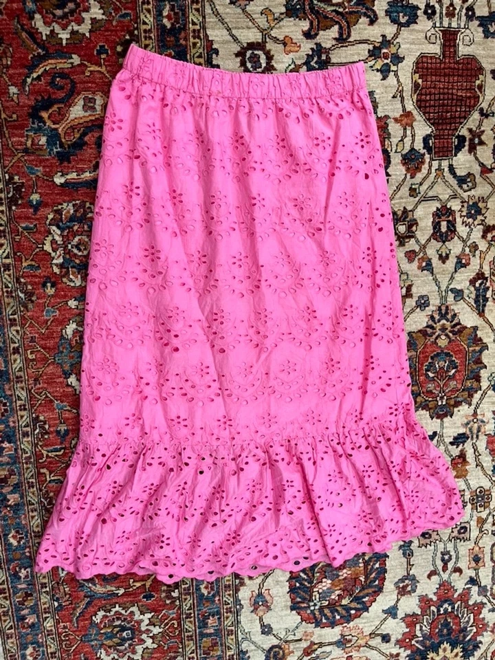 Calypso St. Barth Pink Eyelet Embroidered Midi Skirt Cotton Lined Women’s M - Image 1 of 4
